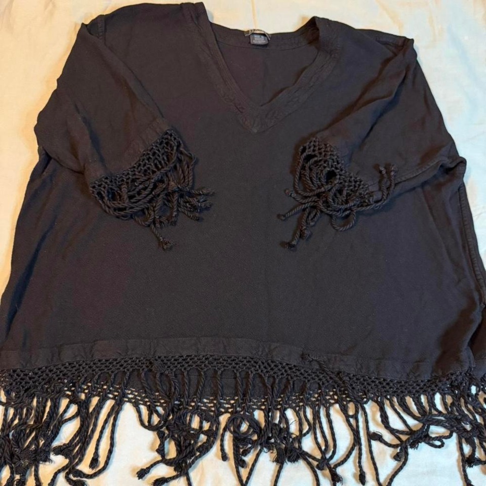 Dairi Black Fringe Boho Top Crochet Tassel Trim Loose Fit Women's L